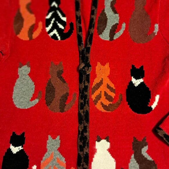 WOMENS COLDWATER CREEK RED LEOPARD TRIM CAT SWEATER CARDIGAN SMALL - Picture 3 of 5